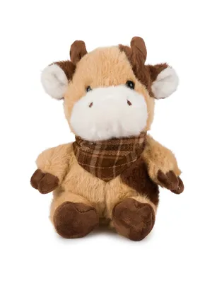 Pluszowy beżowo-brązowy byczek z miękkim futerkiem i chustą w kratkę pod szyją